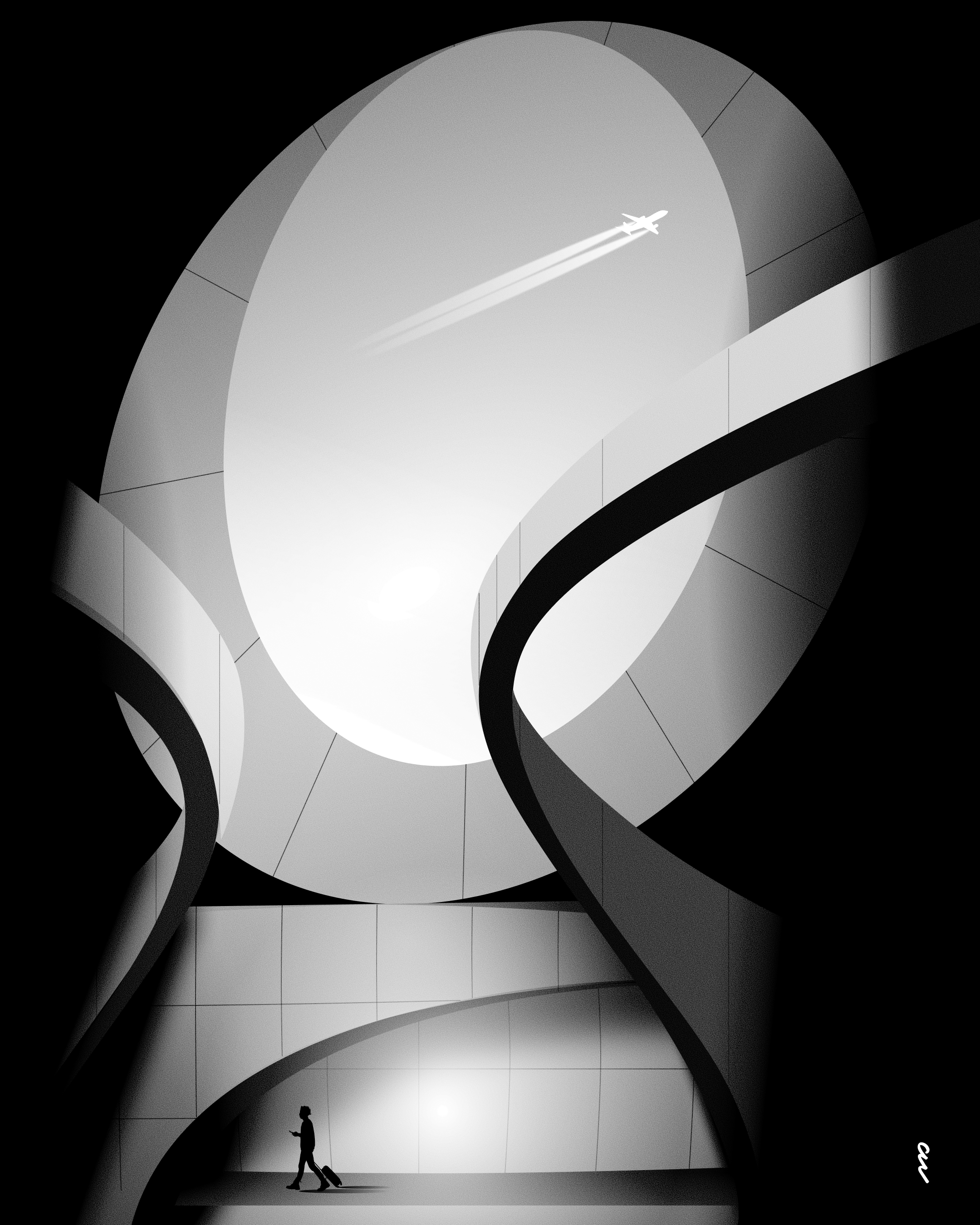 Vector drawing of brutal concrete landscape and man walking down stairs