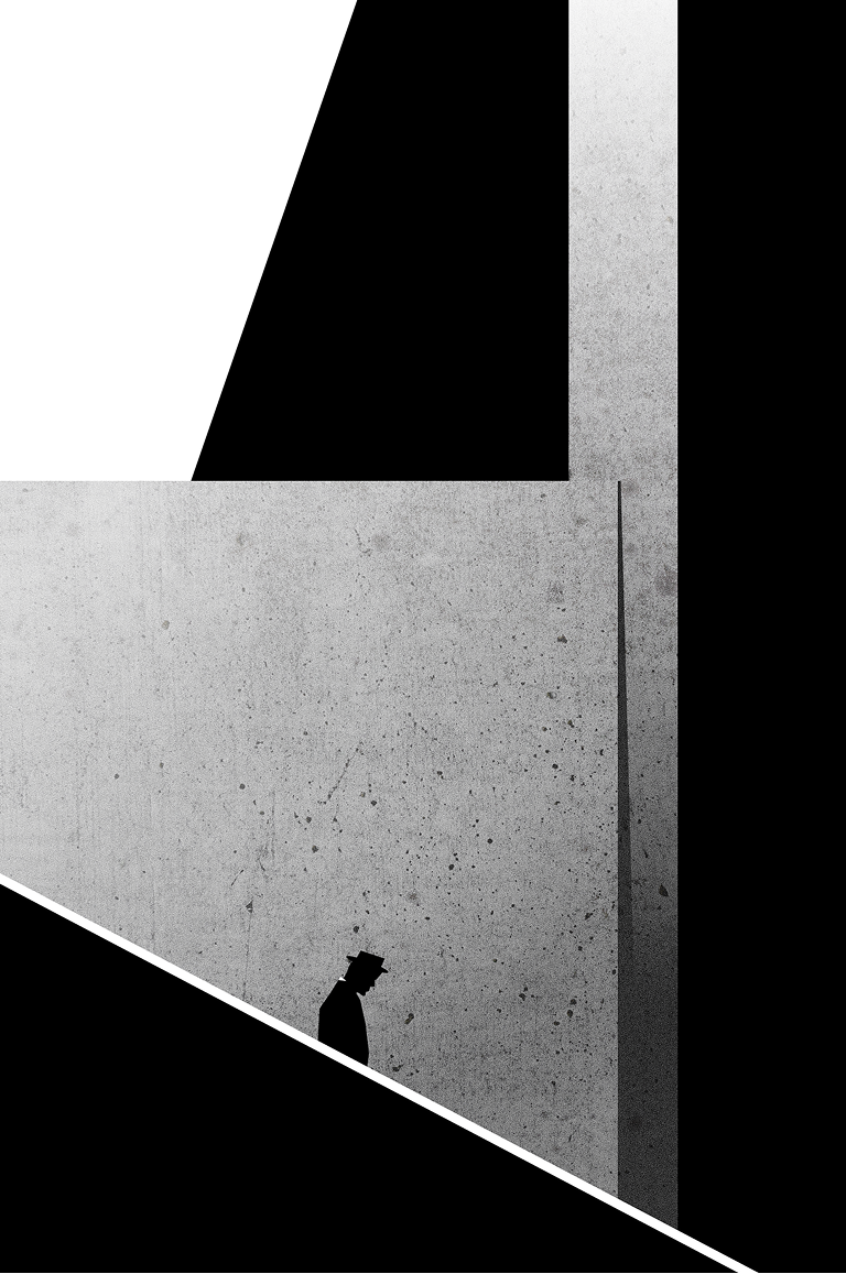 Vector drawing of brutal concrete landscape and man walking down stairs